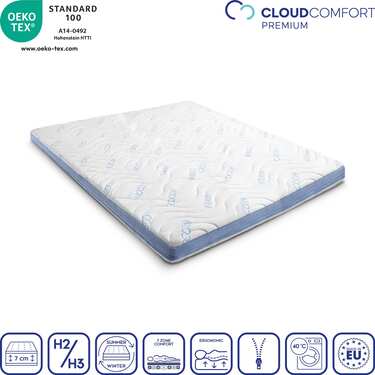 Topper de espuma fría CloudComfort Cool 120 x 200 cm H2/H3, altura 7 cm, nivel de firmeza H2/H3, topper de 7 zonas con cara de verano e invierno