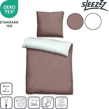 Double pack Sleezzz® Renforcé reversible bed linen light brown/white 135 x 200 + 80 x 80 cm