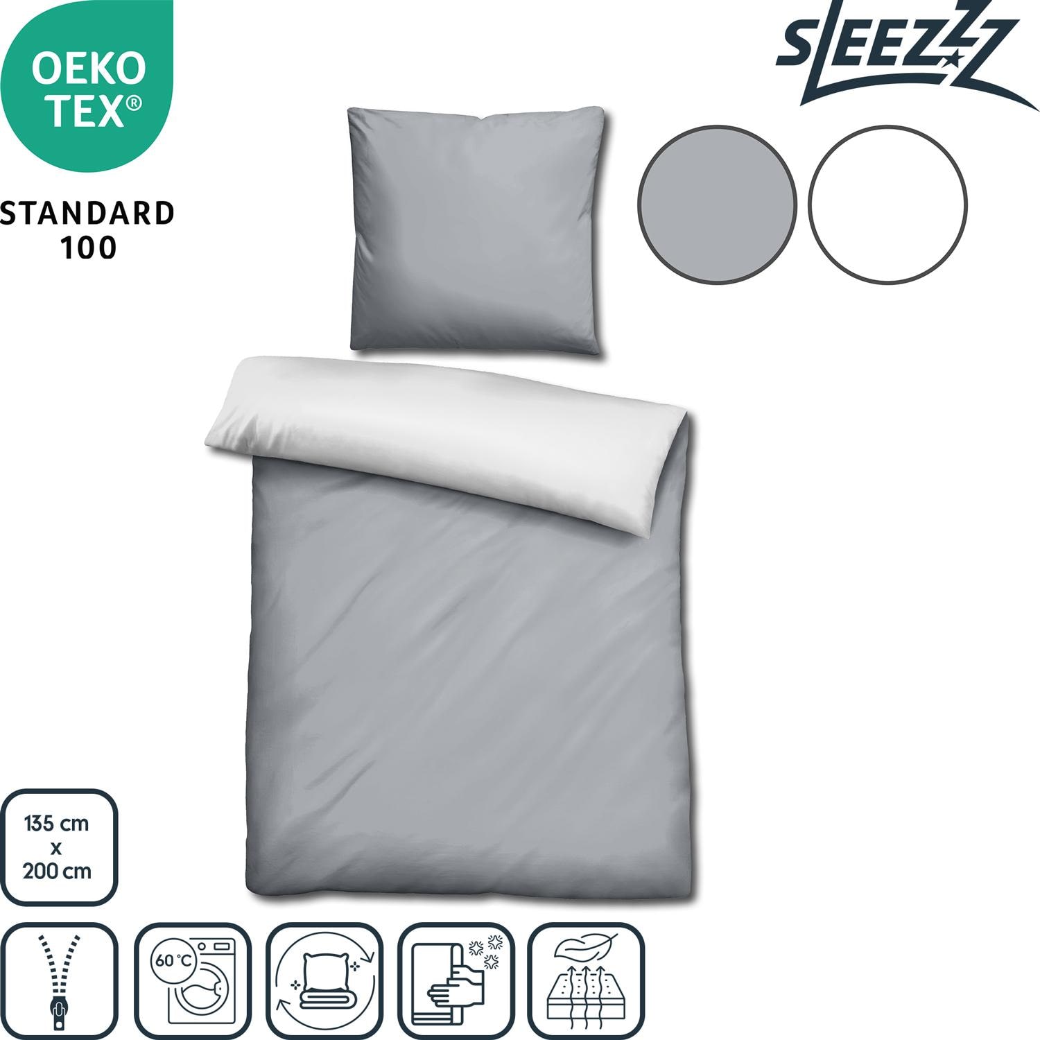 Features as icons – Double pack Sleezzz® Renforcé reversible bed linen light gray/white 135 x 200 + 80 x 80 cm