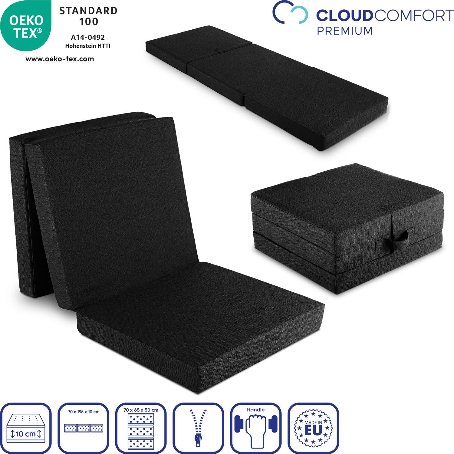 Simgelerle özellikler – CloudComfort Premium katlanır yatak 70 x 195 cm siyah