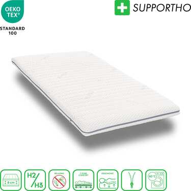 Cubierta de espuma fría Supportho Premium Topper 100 x 200 cm H3, altura 8 cm, grado de firmeza H3 con funda antibacteriana