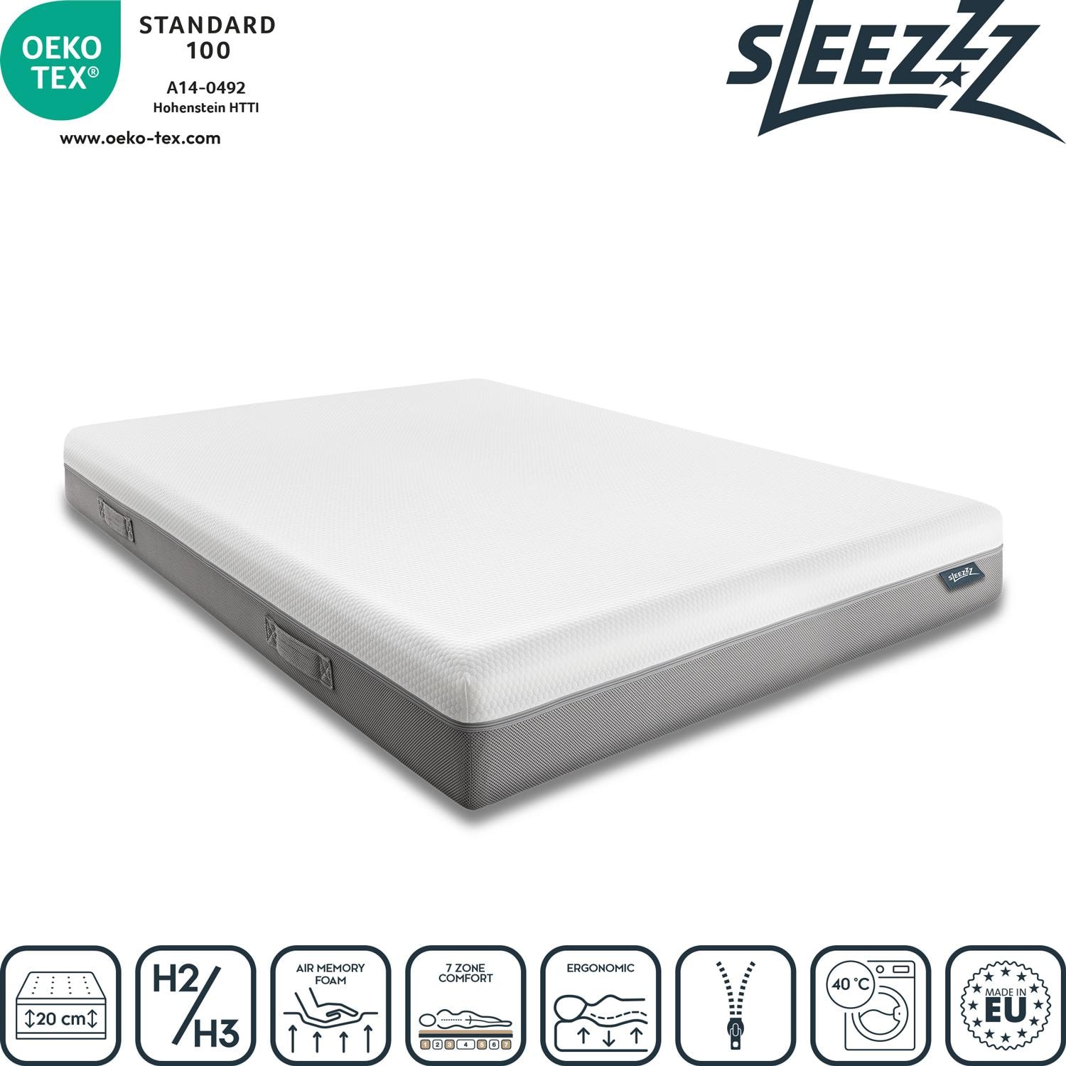 Sleezzz Premium Viscoelastic Mattress, 140 x 200 cm, height 20 cm, firmness level H2/H3, with carrying handles + Sleezzz® Cool Gel Foam Contoured Neck Support Pillow, 40 x 60 x 16 cm