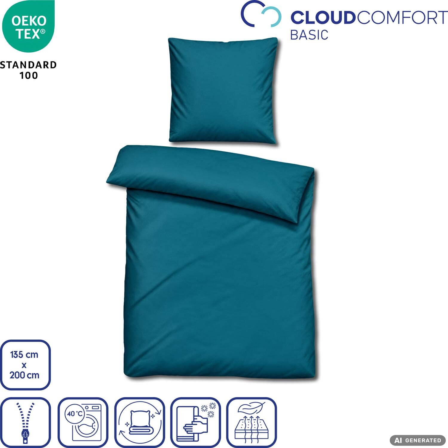 Juego de dos piezas de ropa de cama CloudComfort Basic de microfibra, color petróleo, 135 x 200 + 80 x 80 cm