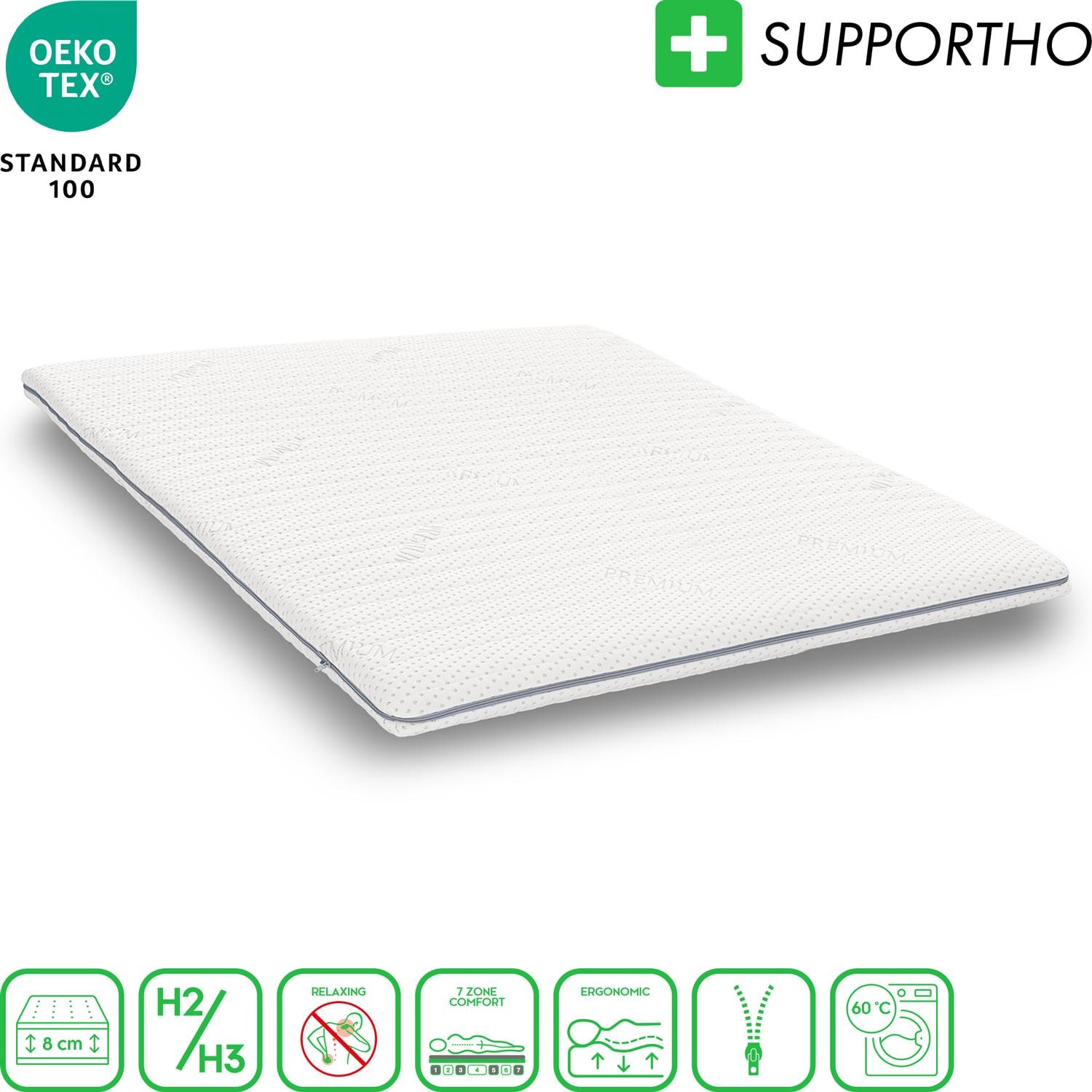 Supportho Premium Cold Foam Topper, 200 x 200 cm, H3, 8 cm thick, firmness level H3, with antibacterial cover