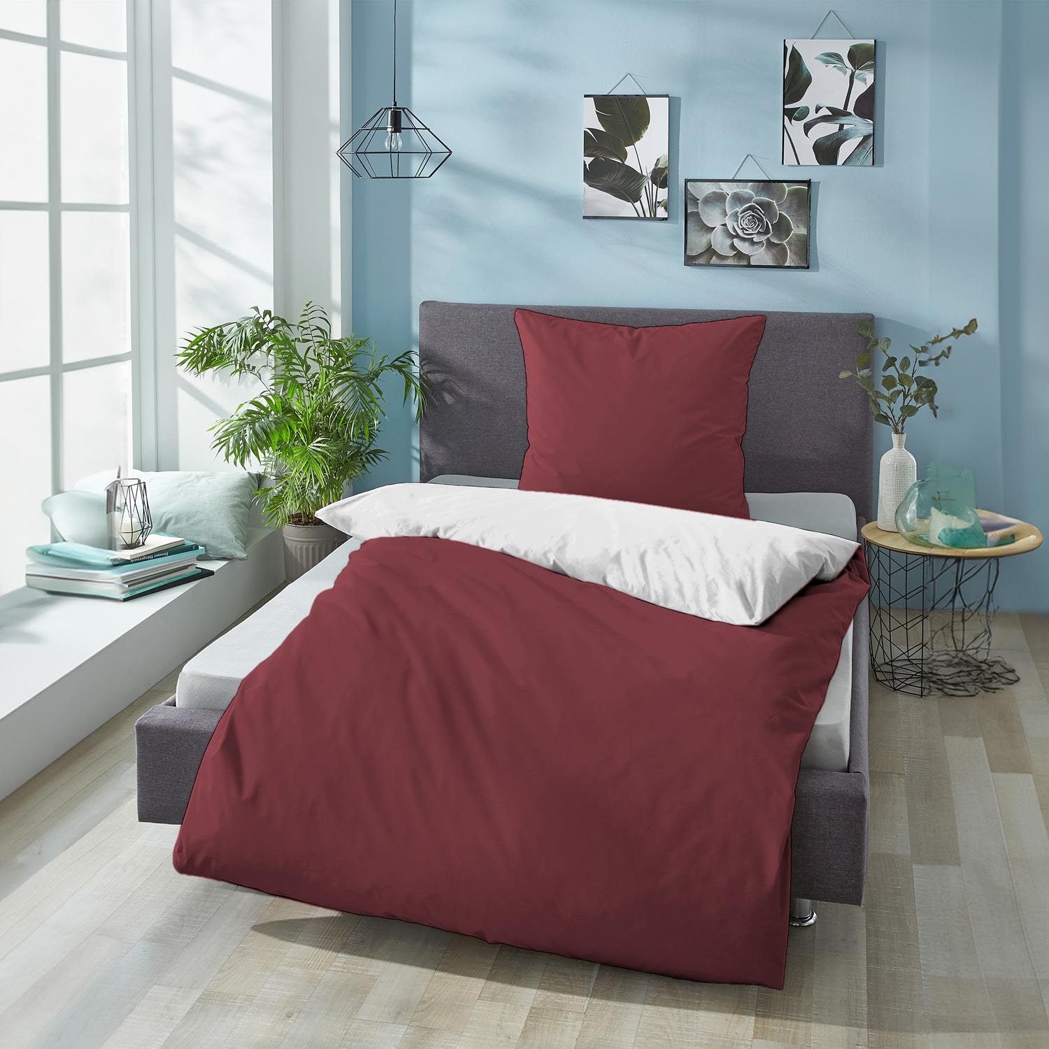 Double pack Sleezzz® Renforcé reversible bed linen dark red/white 135 x 200 + 80 x 80 cm