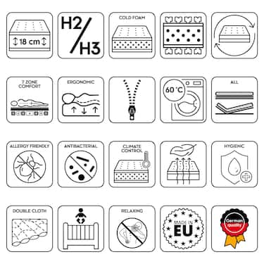 Colchón ergonómico 90x200 cm Supportho Premium 7 zonas, altura 18 cm, nivel de firmeza H2/H3 + cubrecolchón / mattress topper 90 x 200 cm