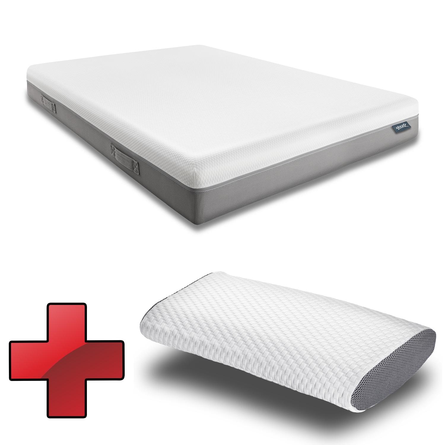Sleezzz Premium Viscoelastic Mattress, 140 x 200 cm, height 20 cm, firmness level H2/H3, with carrying handles + Sleezzz® Cool Gel Foam Contoured Neck Support Pillow, 40 x 60 x 16 cm