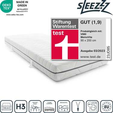 7-zone viscoelastic mattress Sleezzz Smart 90 x 200 cm, height 18 cm, firmness level H3 with air memory foam + economy pack 3 colors Castell fitted sheet 90 x 190 - 100 x 200 cm